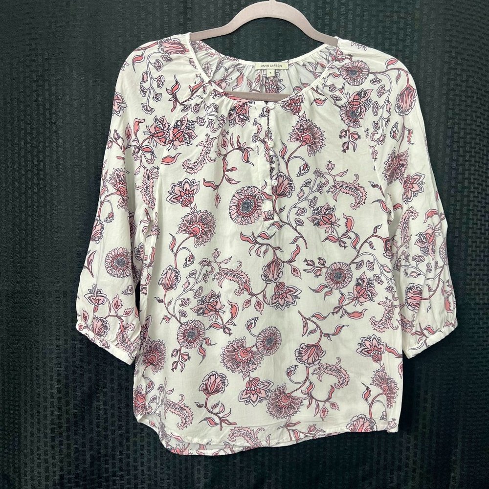 Anne Carson Women’s Peasant Blouse Lightweight White W/ Pink Floral Rayon